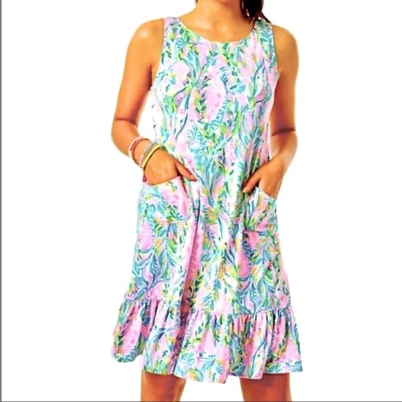 Lilly Pulitzer Kristen Flounce Dress W/Pockets Sz Medium Unicorn of the Sea - Picture 2 of 13